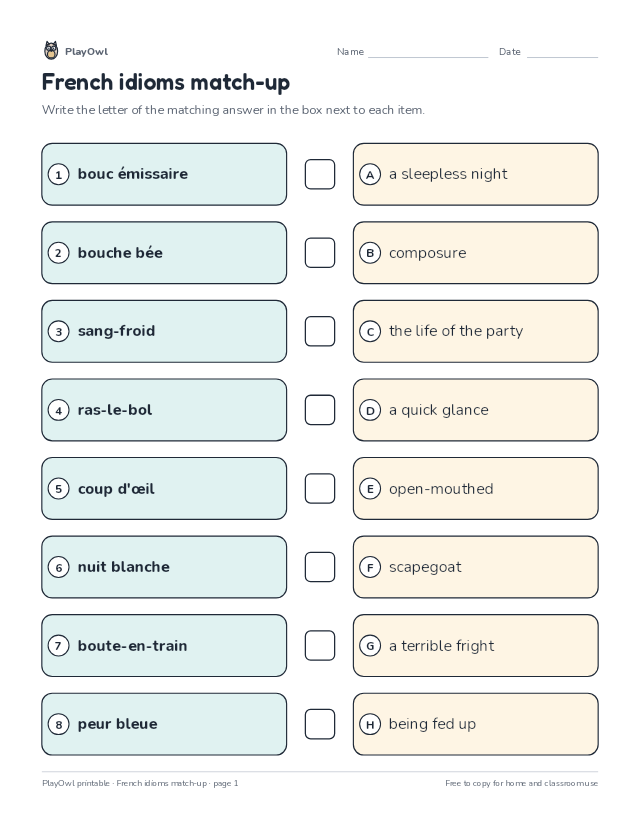 French idioms match-up: matching worksheet for Grade 9, page 1 preview