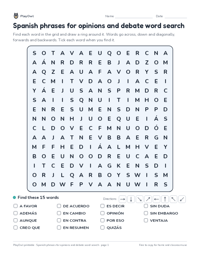 Spanish phrases for opinions and debate word search: word search for Grade 9, page 1 preview
