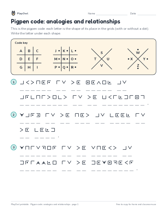 Pigpen code: analogies and relationships: secret code puzzle for Grade 9, page 1 preview