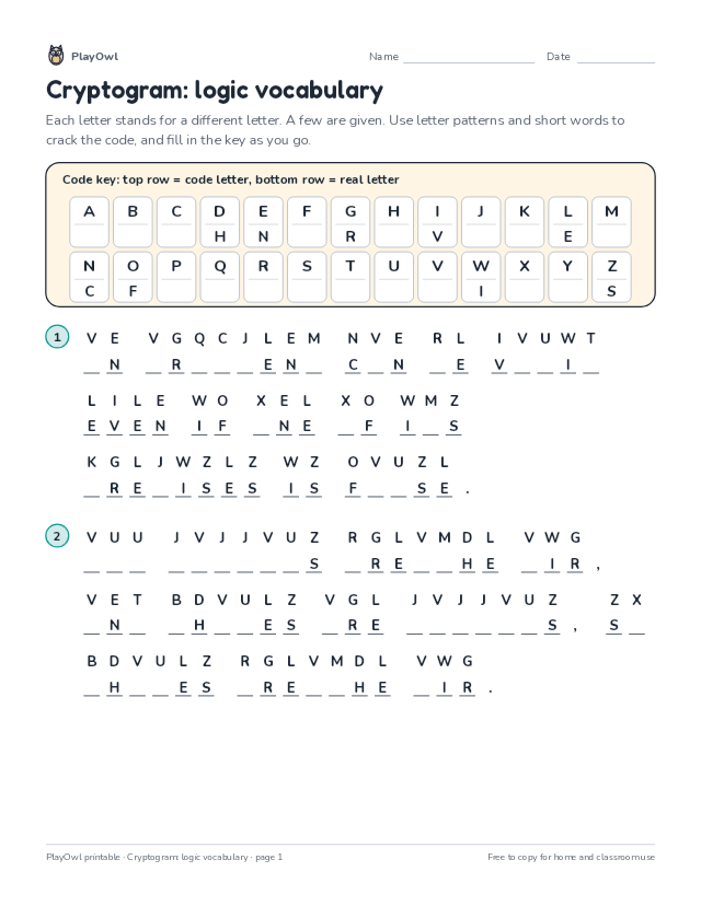 Cryptogram: logic vocabulary: secret code puzzle for Grade 9, page 1 preview