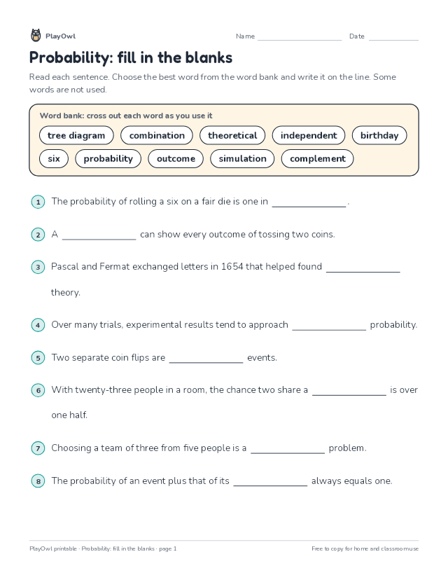Probability: fill in the blanks: fill-in-the-blank worksheet for Grade 9, page 1 preview