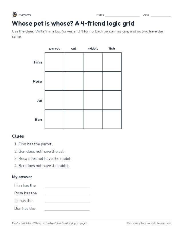 Whose pet is whose? A 4-friend logic grid: logic puzzle for Grade 9, page 1 preview