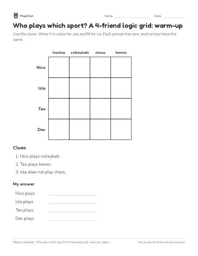 Who plays which sport? A 4-friend logic grid: warm-up: logic puzzle for Grade 9, page 1 preview