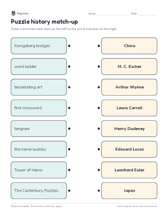 Puzzle history match-up: matching worksheet for Grade 9, page 1 preview