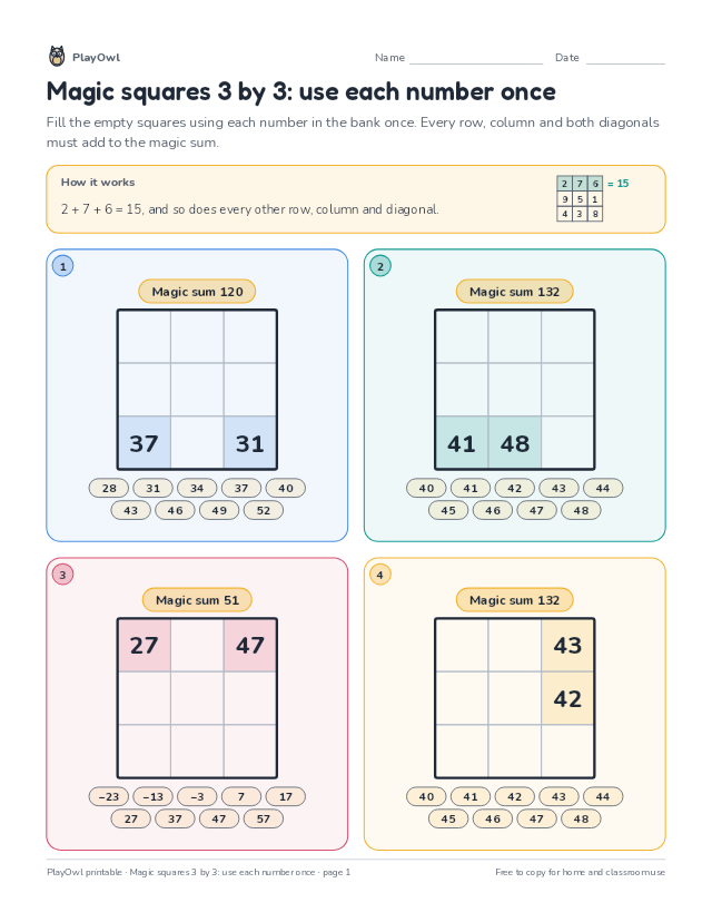 Magic squares 3 by 3: use each number once: math puzzle for Grade 9, page 1 preview