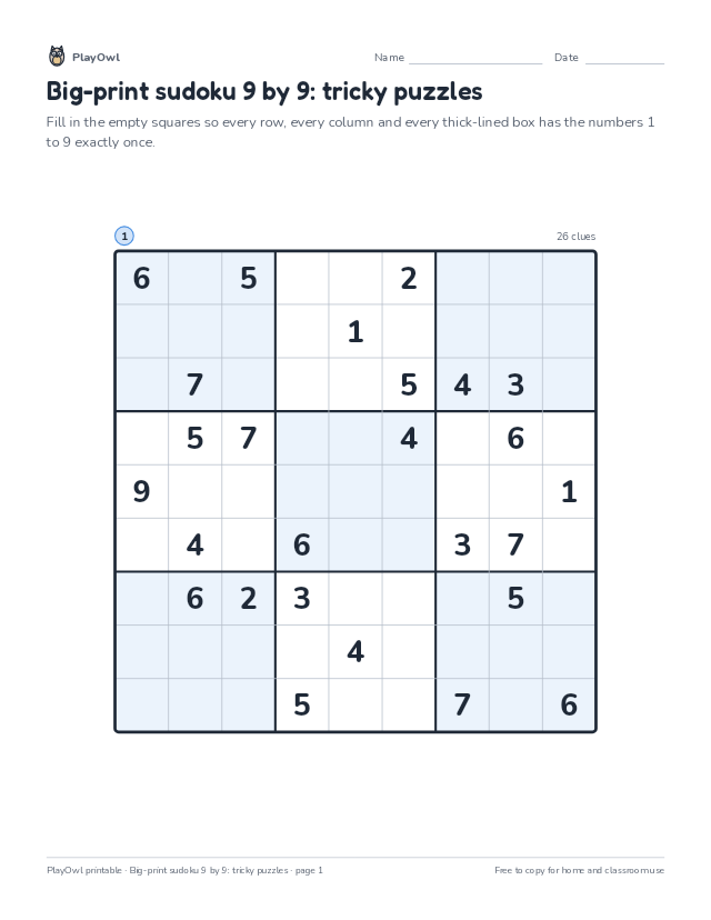 Big-print sudoku 9 by 9: tricky puzzles: sudoku puzzle for Grades 9–10, page 1 preview
