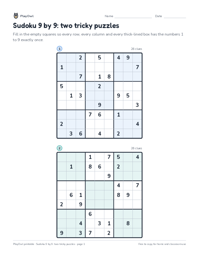 Sudoku 9 by 9: two tricky puzzles: sudoku puzzle for Grade 9, page 1 preview