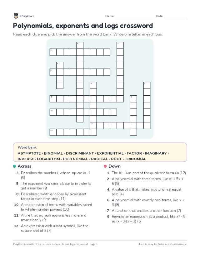 Polynomials, exponents and logs crossword: crossword puzzle for Grade 9, page 1 preview