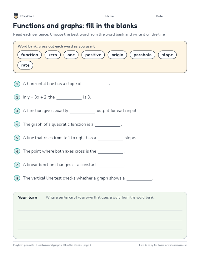 Functions and graphs: fill in the blanks: fill-in-the-blank worksheet for Grade 9, page 1 preview