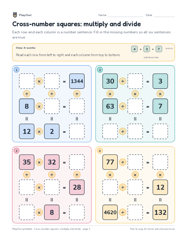 Cross-number squares: multiply and divide: math puzzle for Grades 9–11, page 1 preview