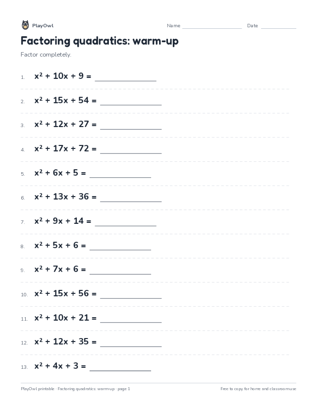 Factoring quadratics: warm-up: math worksheet for Grade 9, page 1 preview