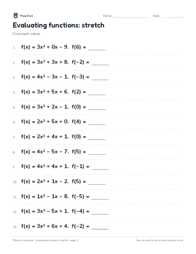Evaluating functions: stretch: math worksheet for Grade 9, page 1 preview
