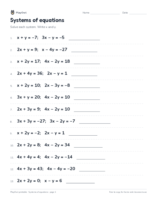 Systems of equations: math worksheet for Grade 9, page 1 preview