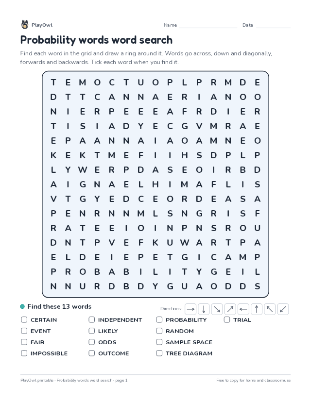 Probability words word search: word search for Grade 9, page 1 preview
