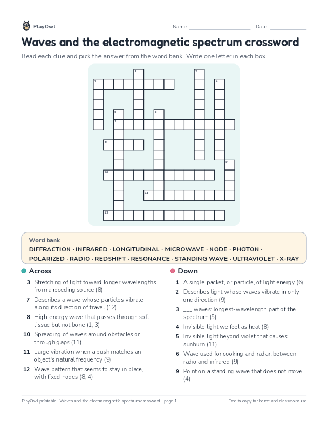 Waves and the electromagnetic spectrum crossword: crossword puzzle for Grade 9, page 1 preview