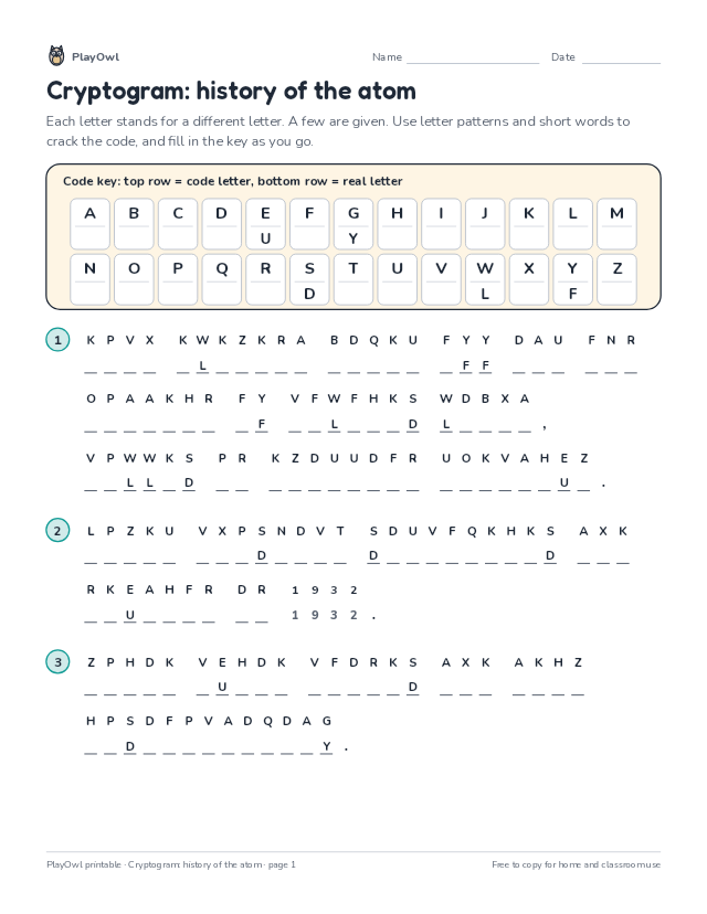 Cryptogram: history of the atom: secret code puzzle for Grade 9, page 1 preview