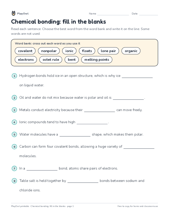 Chemical bonding: fill in the blanks: fill-in-the-blank worksheet for Grade 9, page 1 preview