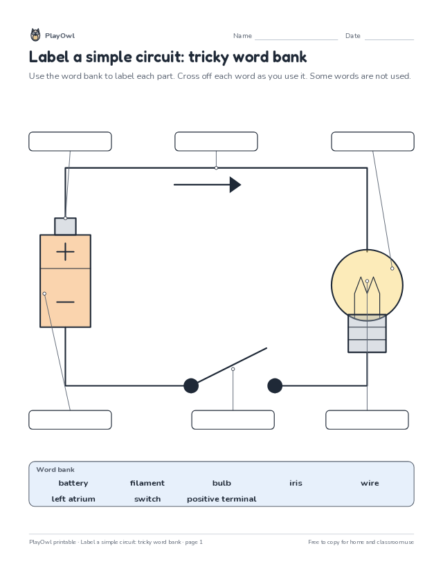 Label a simple circuit: tricky word bank: science diagram worksheet for Grade 9, page 1 preview