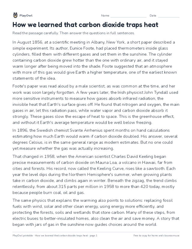 How we learned that carbon dioxide traps heat: reading passage for Grade 9, page 1 preview