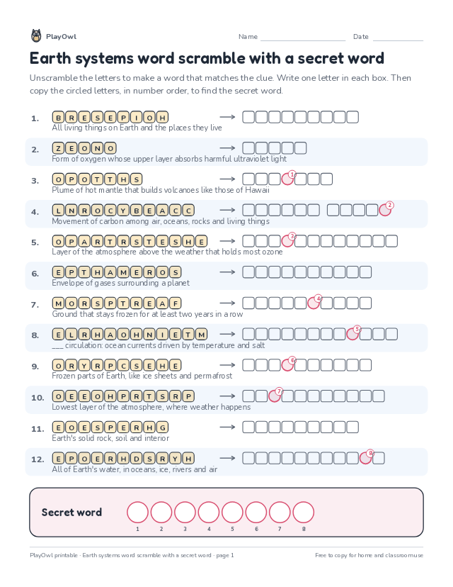 Earth systems word scramble with a secret word: word scramble for Grade 9, page 1 preview