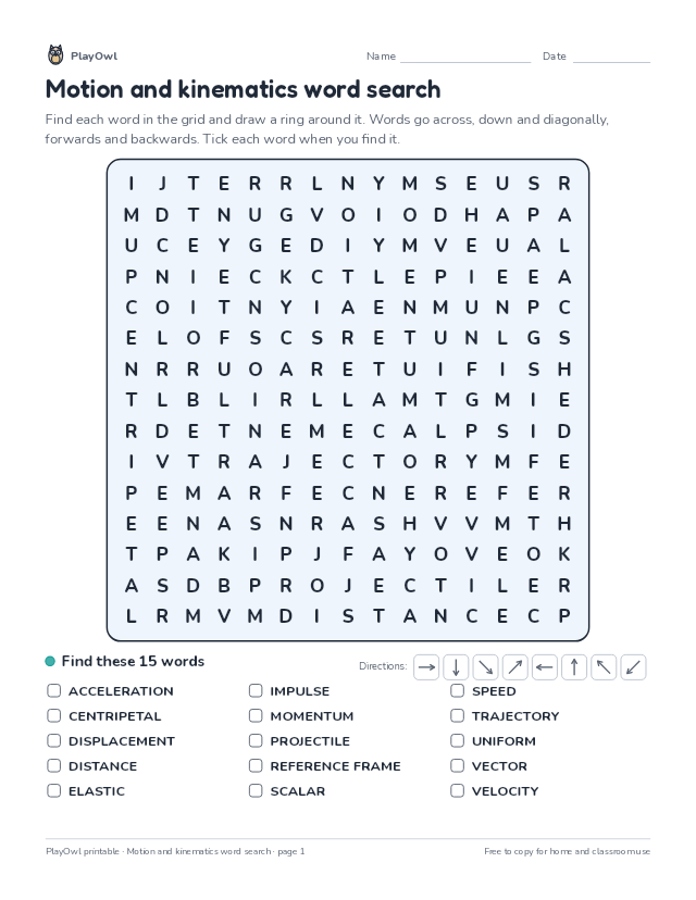 Motion and kinematics word search: word search for Grade 9, page 1 preview
