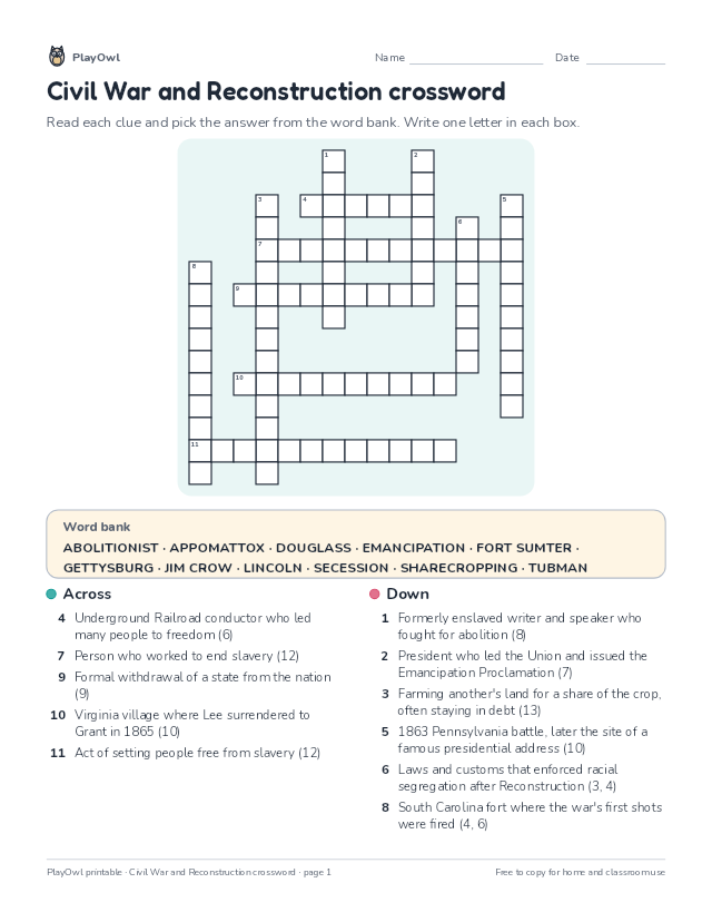 Civil War and Reconstruction crossword: crossword puzzle for Grade 9, page 1 preview