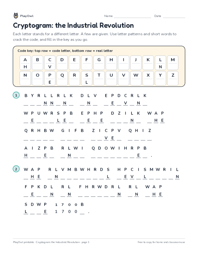 Cryptogram: the Industrial Revolution: secret code puzzle for Grade 9, page 1 preview