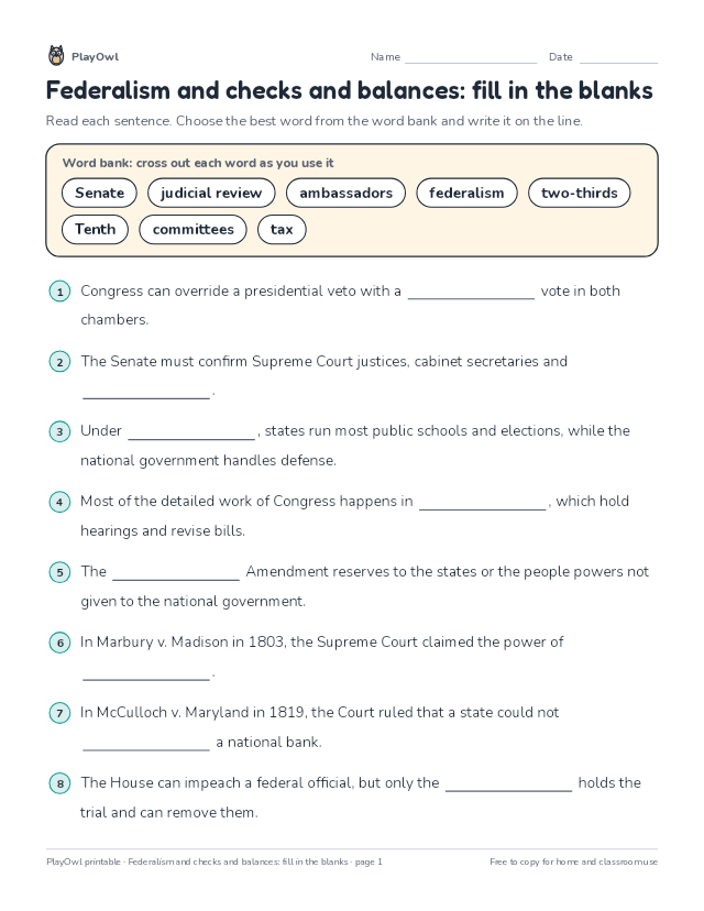 Federalism and checks and balances: fill in the blanks: fill-in-the-blank worksheet for Grades 9–10, page 1 preview