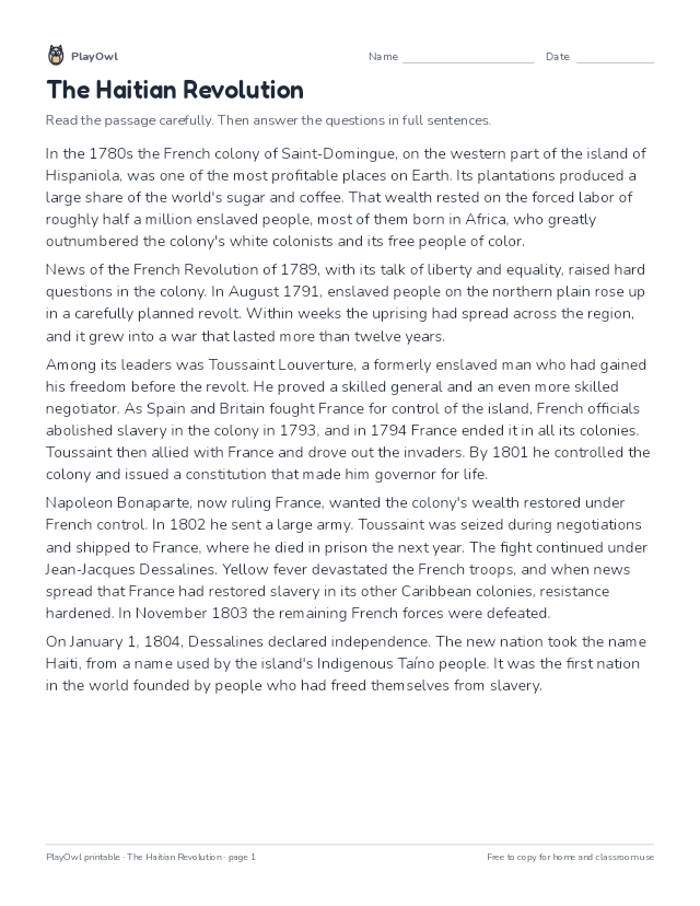 The Haitian Revolution: reading passage for Grades 9–10, page 1 preview