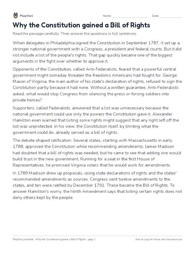 Why the Constitution gained a Bill of Rights: reading passage for Grade 9, page 1 preview
