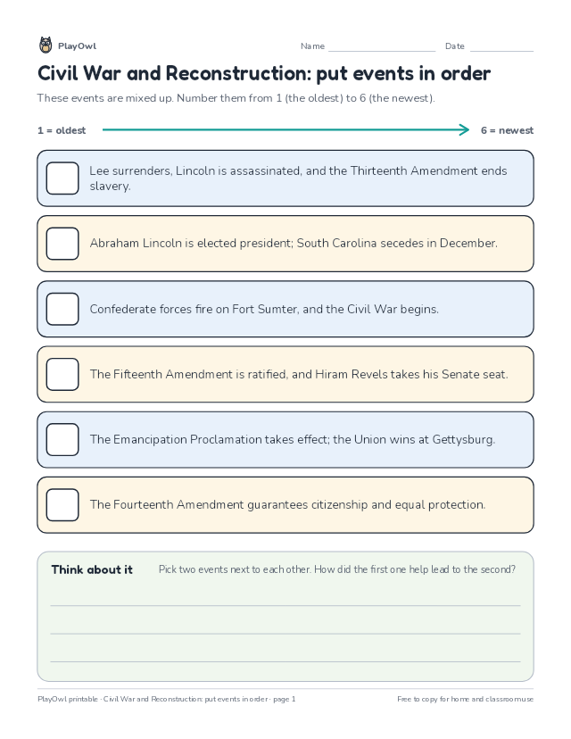 Civil War and Reconstruction: put events in order: timeline worksheet for Grade 9, page 1 preview