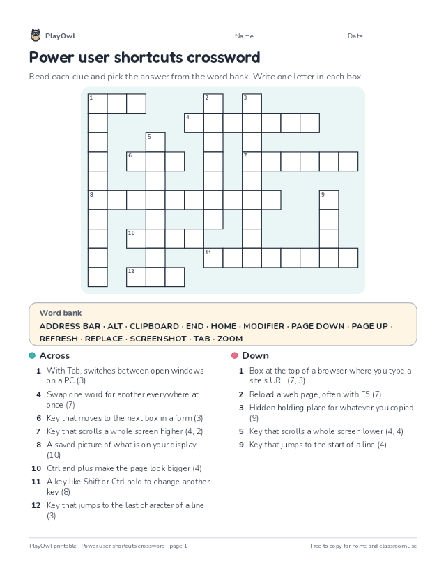 Power user shortcuts crossword: crossword puzzle for Grade 9, page 1 preview