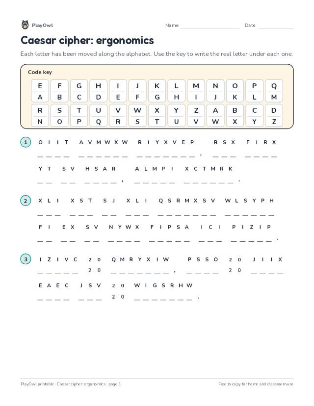 Caesar cipher: ergonomics: secret code puzzle for Grade 9, page 1 preview