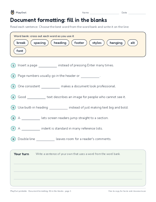 Document formatting: fill in the blanks: fill-in-the-blank worksheet for Grades 9–10, page 1 preview