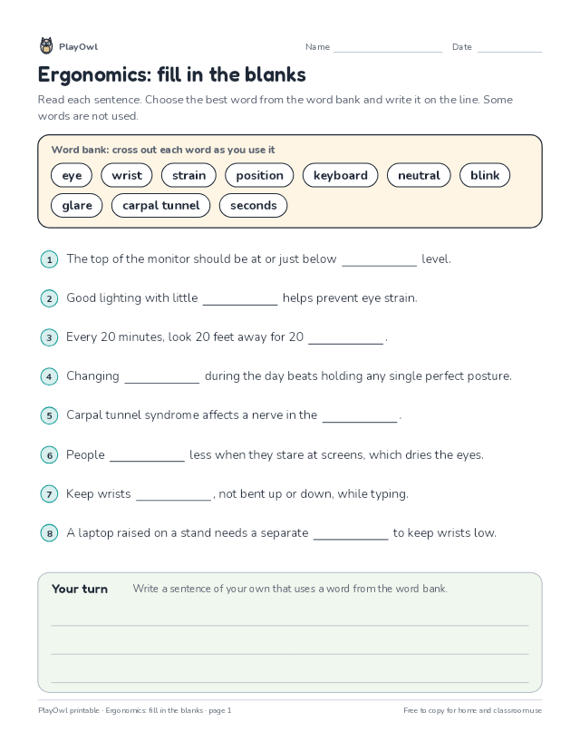 Ergonomics: fill in the blanks: fill-in-the-blank worksheet for Grade 9, page 1 preview