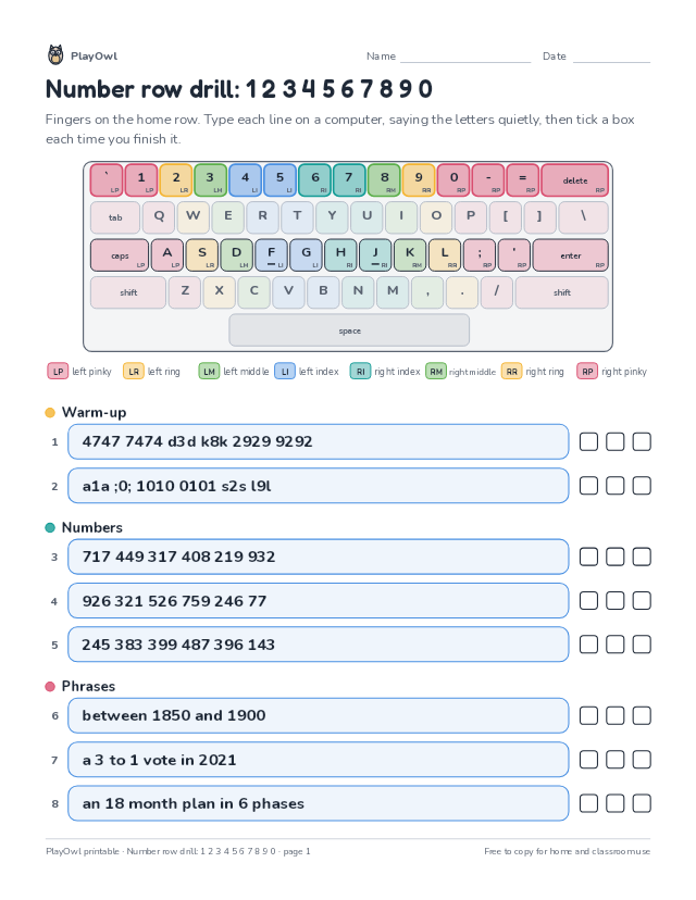 Number row drill: 1 2 3 4 5 6 7 8 9 0: typing worksheet for Grades 9–12, page 1 preview
