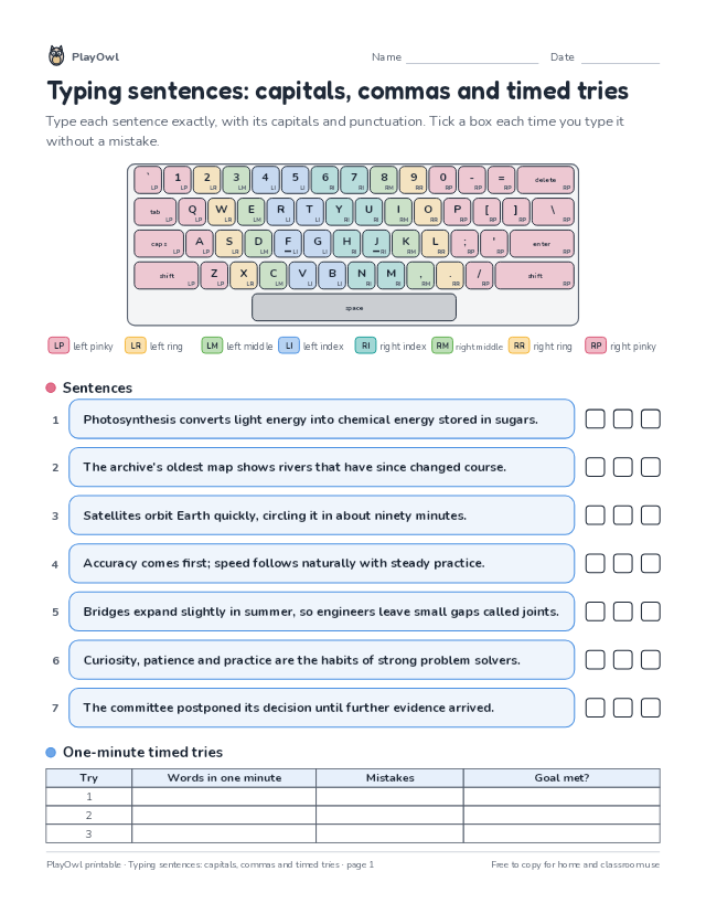 Typing sentences: capitals, commas and timed tries: typing worksheet for Grade 9, page 1 preview