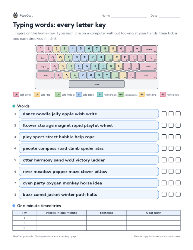 Typing words: every letter key: typing worksheet for Grades 9–10, page 1 preview