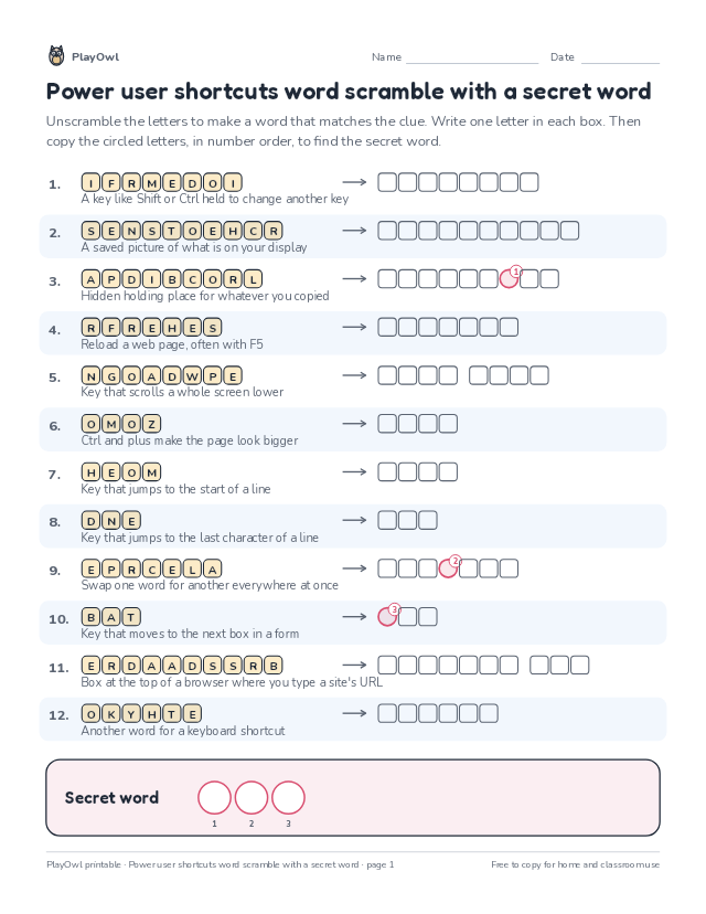 Power user shortcuts word scramble with a secret word: word scramble for Grade 9, page 1 preview