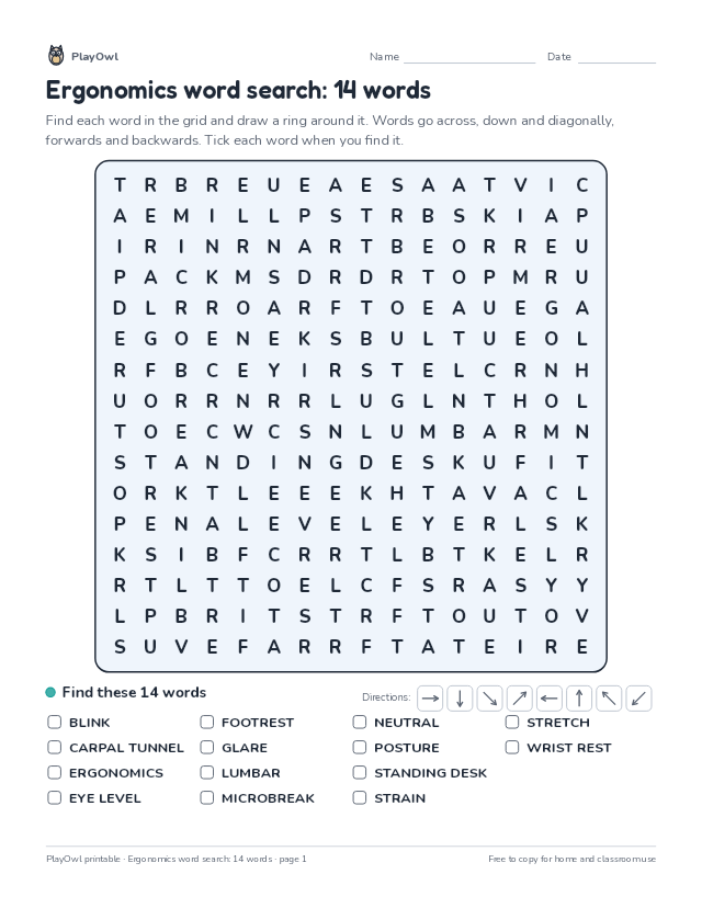 Ergonomics word search: 14 words: word search for Grade 9, page 1 preview