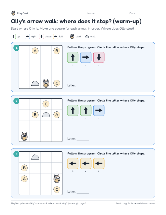 Olly's arrow walk: where does it stop? (warm-up): coding puzzle for Kindergarten, page 1 preview