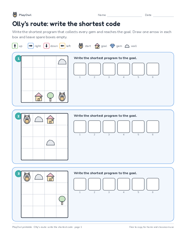 Olly's route: write the shortest code: coding puzzle for Kindergarten, page 1 preview