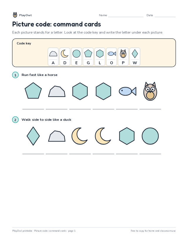 Picture code: command cards: secret code puzzle for Kindergarten, page 1 preview