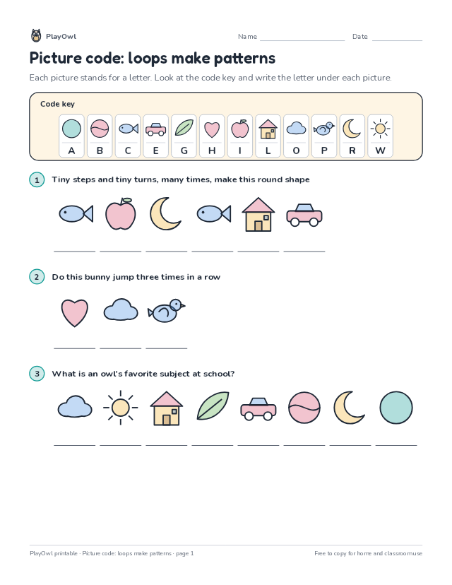 Picture code: loops make patterns: secret code puzzle for Kindergarten, page 1 preview