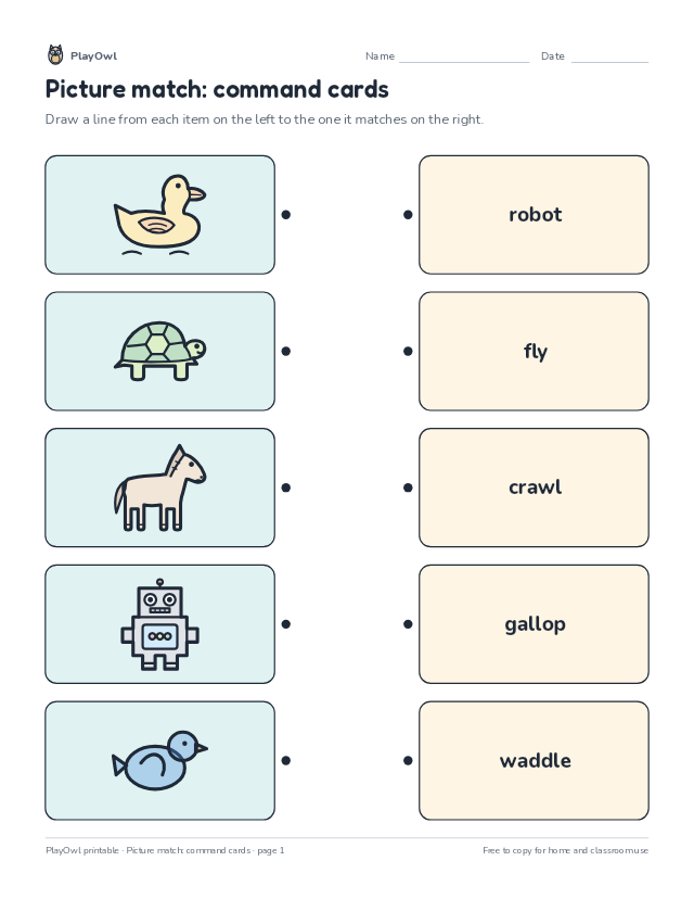 Picture match: command cards: matching worksheet for Kindergarten, page 1 preview