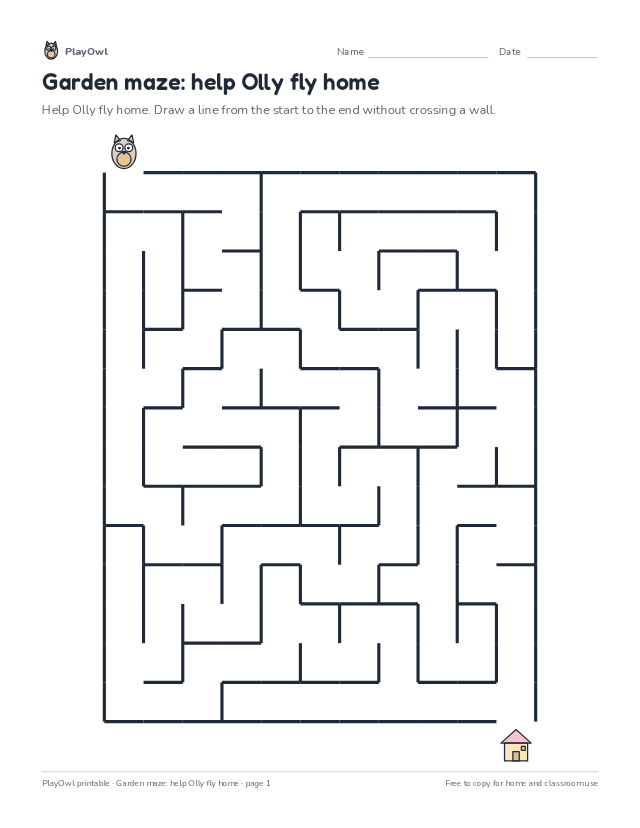 Garden maze: help Olly fly home: maze for Kindergarten, page 1 preview