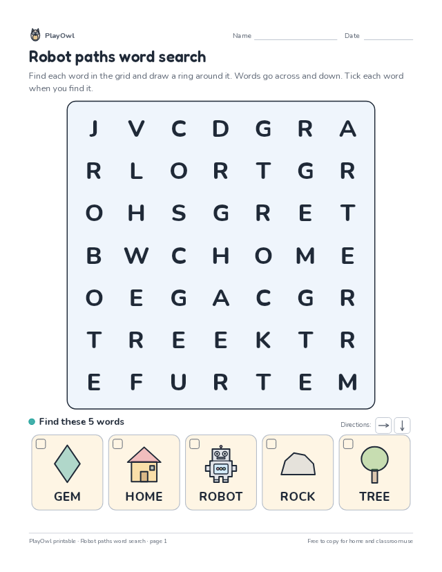 Robot paths word search: word search for Kindergarten, page 1 preview