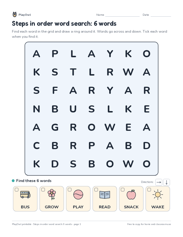 Steps in order word search: 6 words: word search for Kindergarten, page 1 preview
