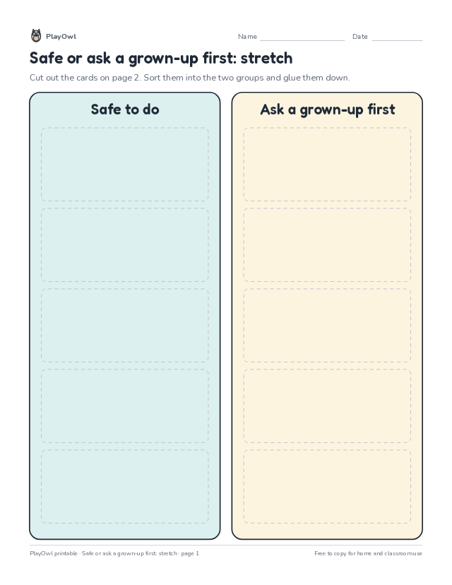 Safe or ask a grown-up first: stretch: cut-and-sort worksheet for Kindergarten, page 1 preview