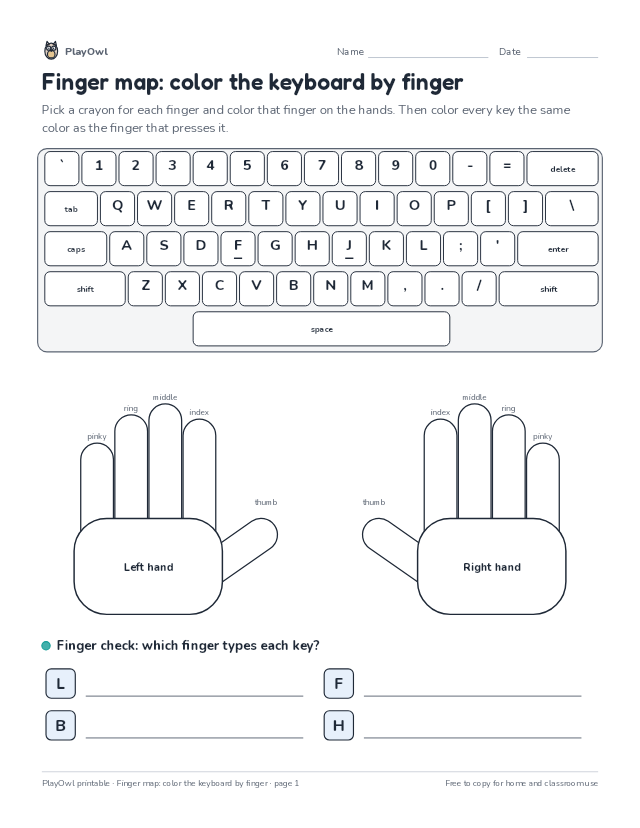 Finger map: color the keyboard by finger: typing worksheet for Kindergarten to Grade 1, page 1 preview